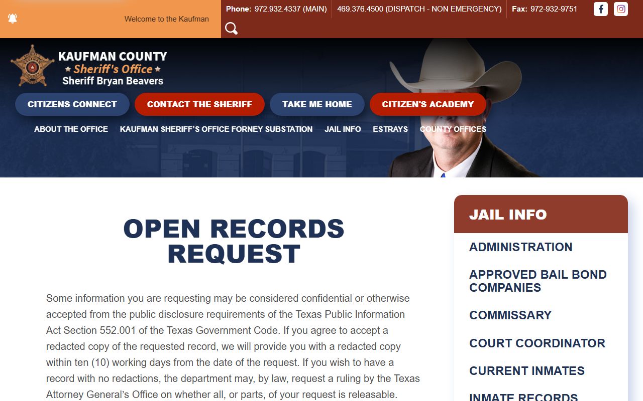 Kaufman County Sheriff's Office open-records request form and redaction notice