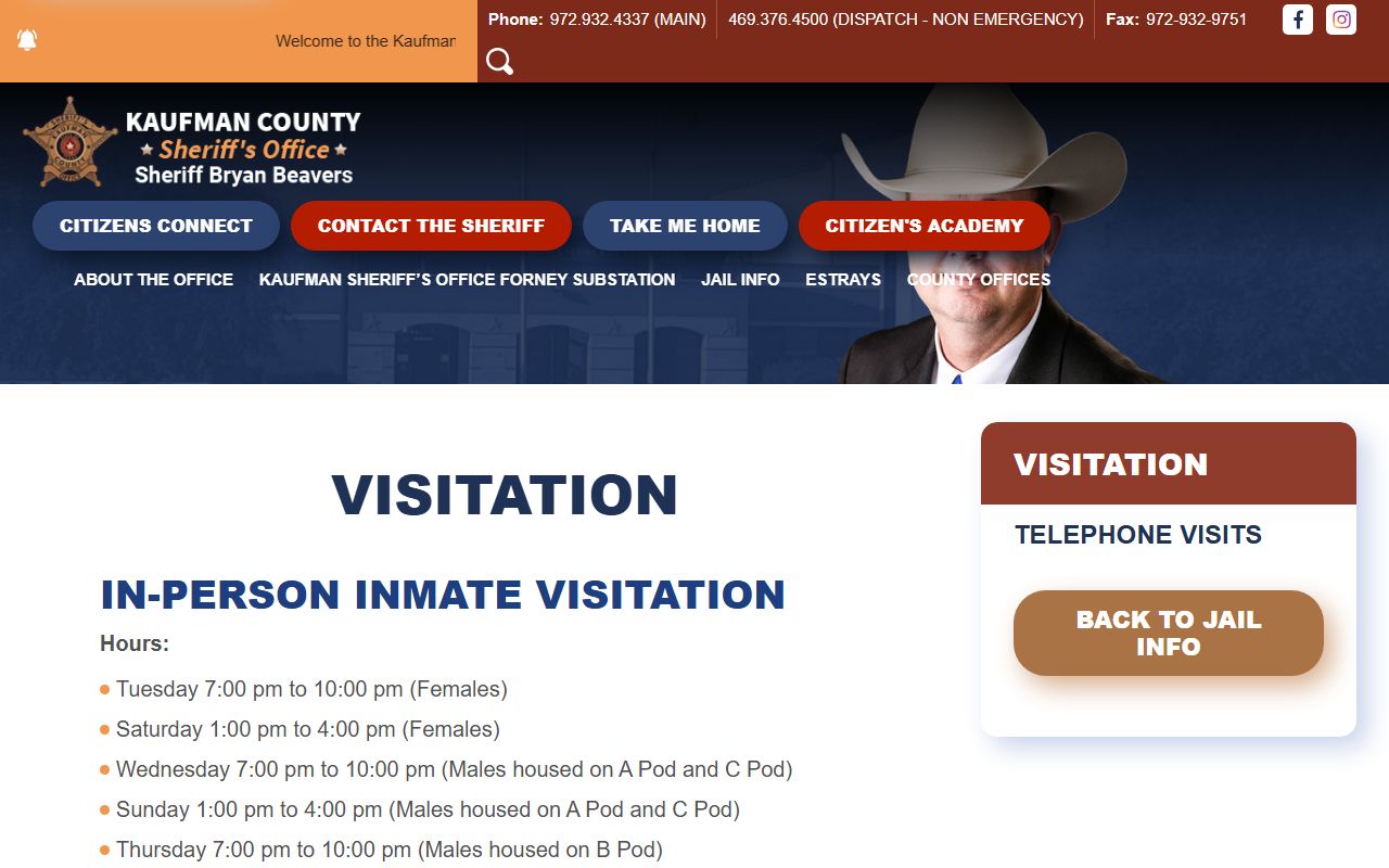 Kaufman County inmate records visitation schedule and rules